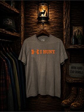 Under Armour Men’s Medium Gray Short-Sleeve with Orange 'I HUNT.' Logo